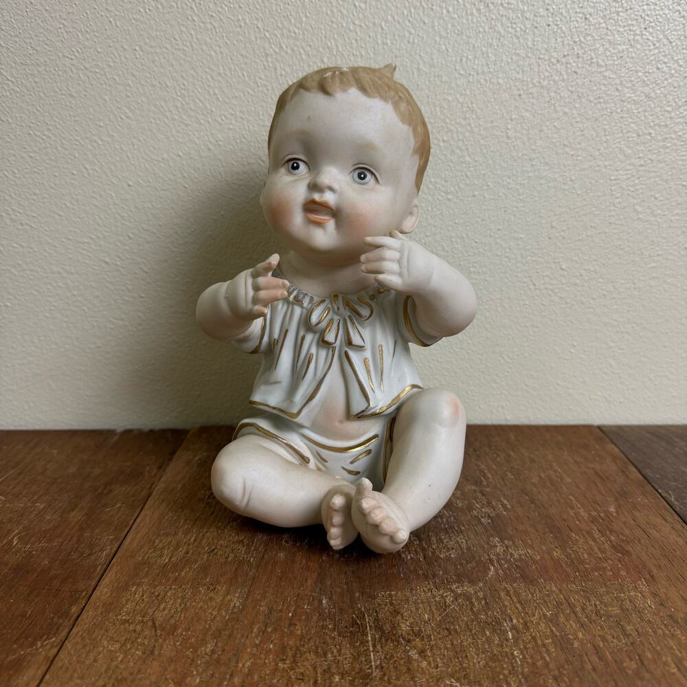 Vintage Bisque Porcelain‎ Baby Boy with gold accents nursery shelf decor